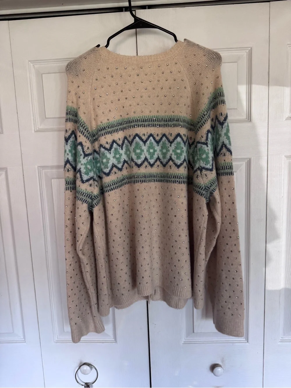 Crystal-embellished Fair Isle cardigan sweater in Supersoft yarn